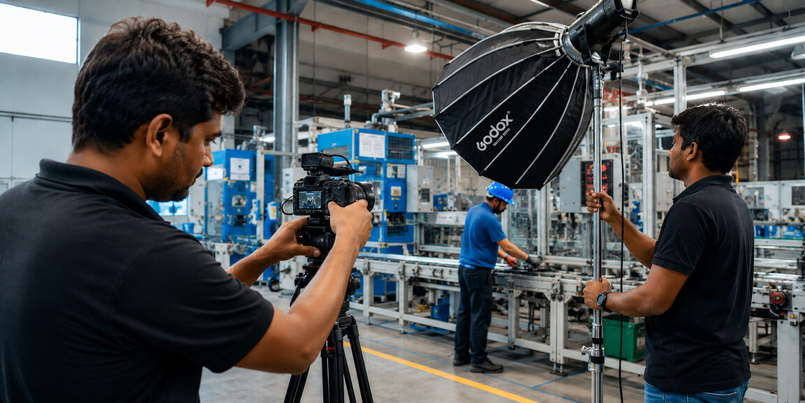 Industrial corporate film production crew setting up professional video lighting and cinema camera inside a factory for a manufacturing process shoot
