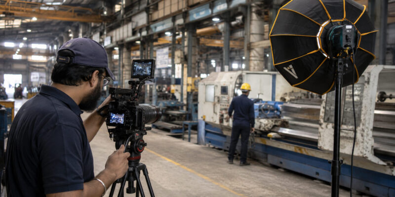Professional videographer filming industrial machinery inside an Indian manufacturing factory using a Sony A7R5 camera with studio lighting during a corporate film production shoot.