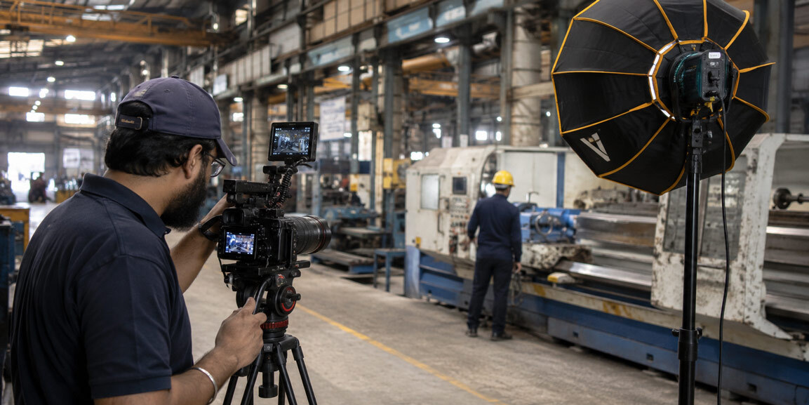 Professional videographer filming machinery inside an Indian manufacturing factory with cinema camera and lighting for an industrial corporate film production shoot