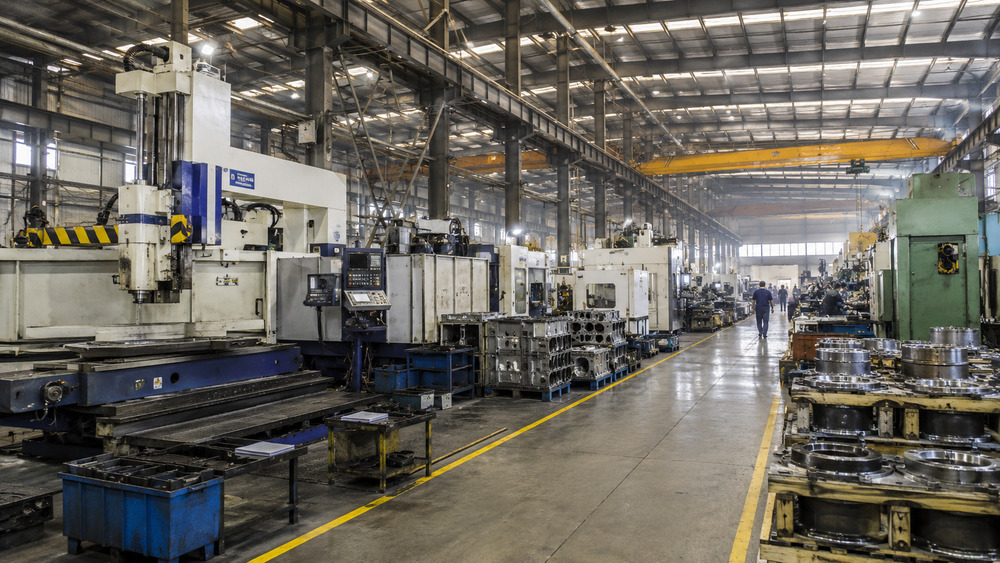 Wide industrial factory floor with heavy machinery lit for a professional industrial photography and videography shoot in India