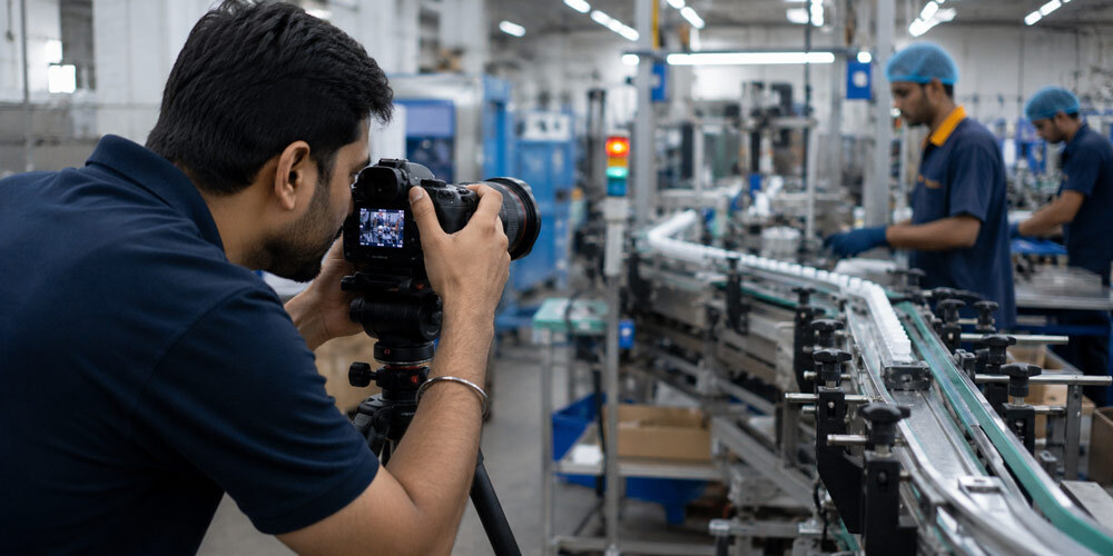 Industrial videographer filming a running production line with a cinema camera on a gimbal, workers operating machinery in the background, professional behind-the-scenes manufacturing video shoot