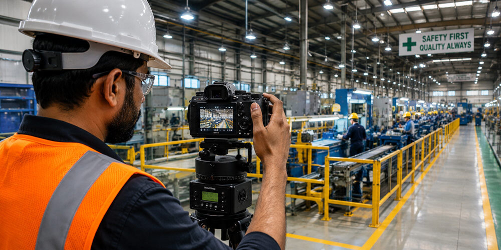 Professional industrial photographer in India operating a full-frame mirrorless camera on a motorised panoramic head to capture a wide stitched view of a factory production line with overhead lighting and safety gear visible