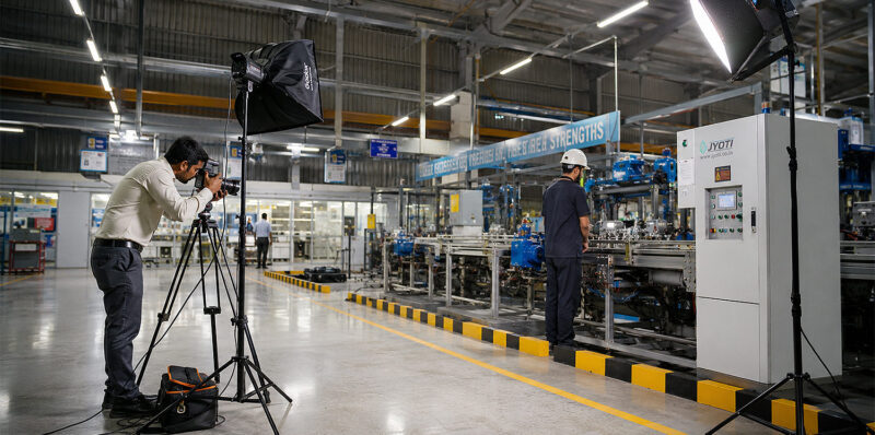 Professional industrial photographer capturing a modern Indian manufacturing plant production line with machinery and studio lighting for industrial photography and process film documentation.