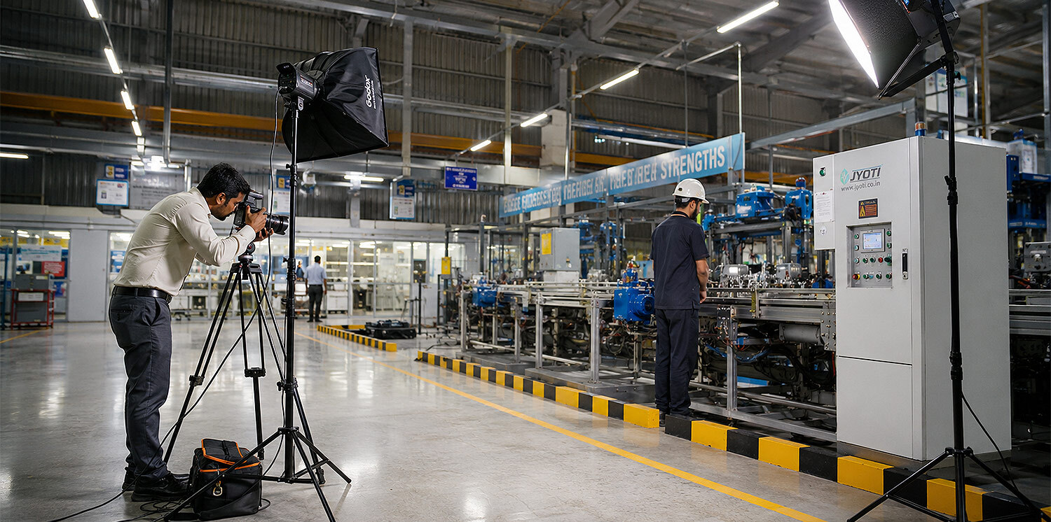 Wide interior view of a modern Indian manufacturing plant with production line and machinery captured using professional Industrial Photography & Videography