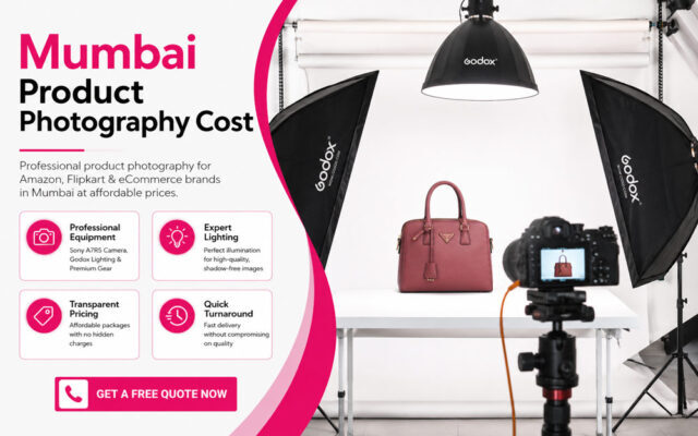Mumbai product photography cost infographic showing a professional Indian product photography studio with Sony A7R V camera, Godox lighting setup, white background, and handbag photography for Amazon and Flipkart product listings.
