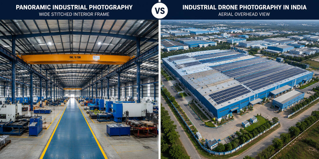 Side-by-side comparison of panoramic industrial photography versus industrial drone photography in India showing wide stitched interior factory frame on left and aerial overhead view of the same facility captured by drone on the right