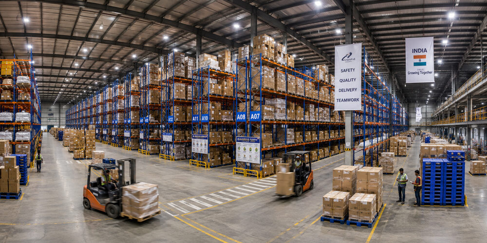 Panoramic warehouse interior photography in India showing vast logistics center with high-bay racking, forklifts in motion, organised aisles and bright industrial LED lighting captured as a stitched wide-format image