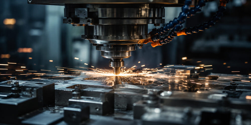 Close-up factory photography of a precision CNC machine cutting metal with sparks, dramatic industrial lighting and shallow depth of field, premium B2B manufacturing brand visual