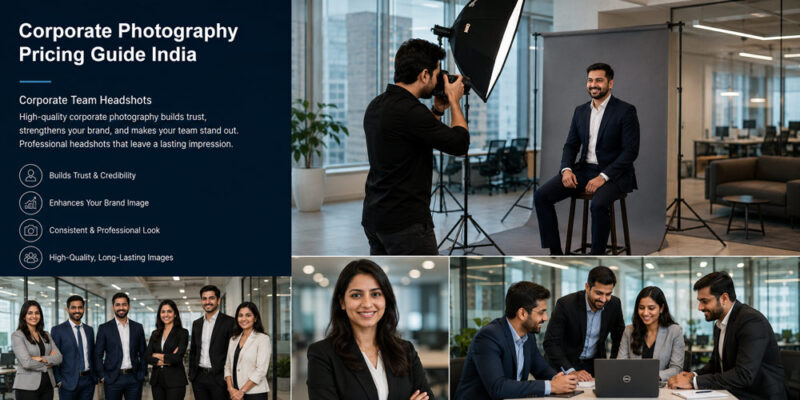 Behind-the-scenes corporate headshot photography session in India featuring a business executive posing in front of a neutral grey backdrop while a photographer captures the portrait using Godox SK400II studio strobes and softbox lighting.