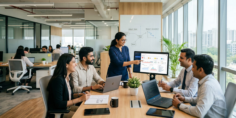 Modern corporate office and workplace photography of a clean minimalist Indian co-working space with natural light, ergonomic furniture and brand-aligned interior for company culture marketing