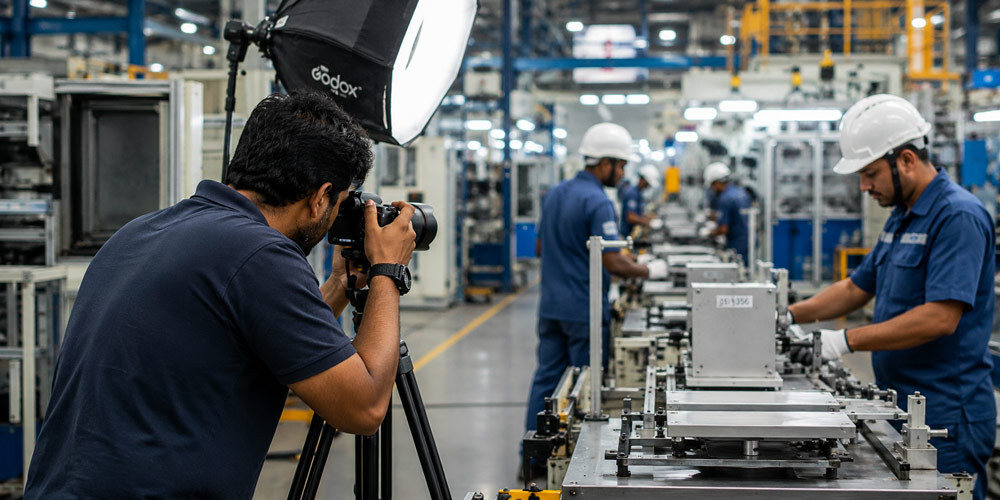Professional Indian industrial photographer using a Sony A7R III camera with external lighting while capturing factory operations and assembly line workers inside a modern manufacturing facility.
