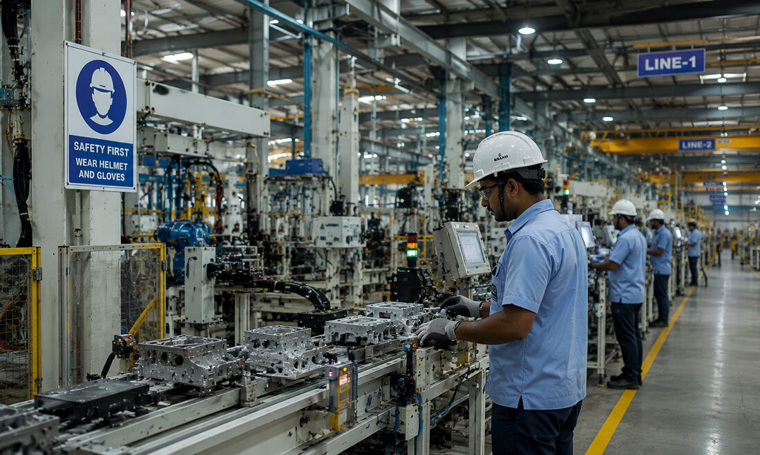 Professional industrial photography of a modern manufacturing facility with active production line and visible safety standards captured under controlled industrial lighting in India