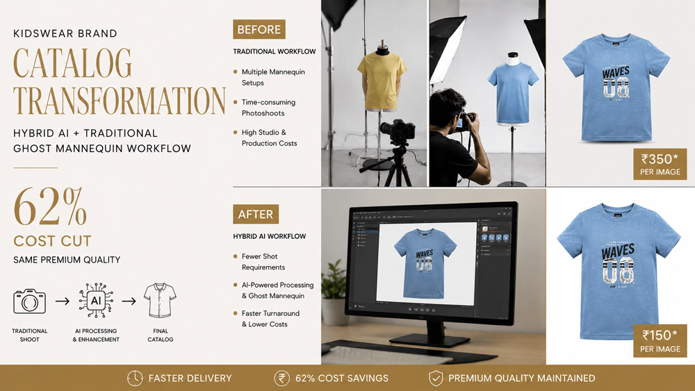 Editorial before and after mosaic showing a Delhi kidswear brand catalog transformation using Ckstudio hybrid AI and traditional ghost mannequin photography workflow with 62 percent cost cut in muted gold typography, warm off-white background, premium fashion magazine aesthetic