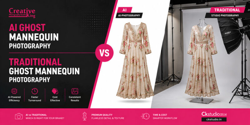Split infographic comparing AI ghost mannequin photography with traditional studio ghost mannequin photography at CKStudio Delhi, featuring AI-generated apparel on the left and a realistic behind-the-scenes studio setup with a transparent polycarbonate ghost mannequin, professional lighting, and white cyclorama on the right.