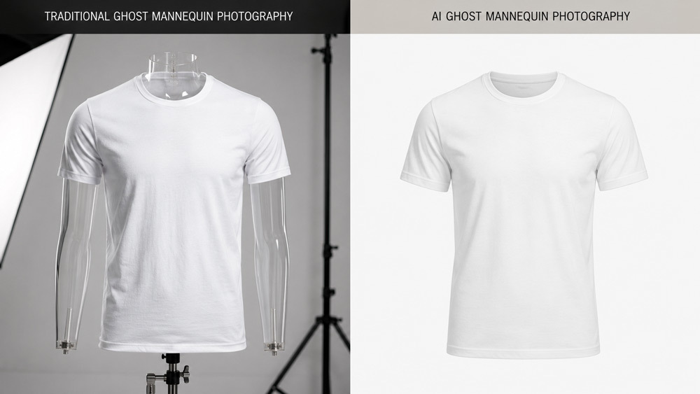 Side-by-side ghost mannequin photography comparison of a white cotton crew-neck t-shirt shot on invisible mannequin studio setup versus AI-generated diffusion-model output, ultra-detailed fabric weave, editorial ecommerce catalog quality