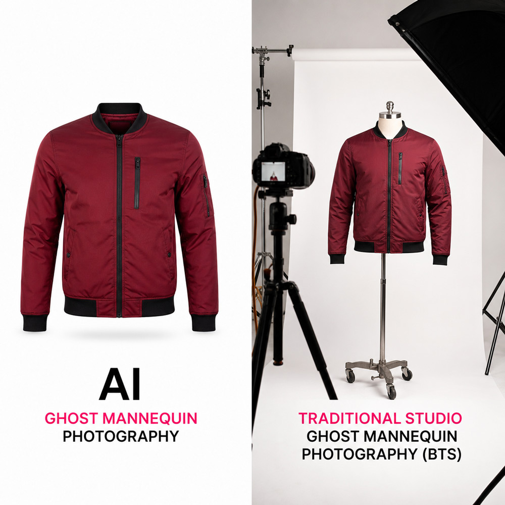 Split-screen editorial hero comparing AI ghost mannequin photography and traditional studio ghost mannequin photography at Ckstudio Delhi with soft key lighting on white cyclorama, ultra-detailed fabric texture, 8K editorial fashion magazine aesthetic