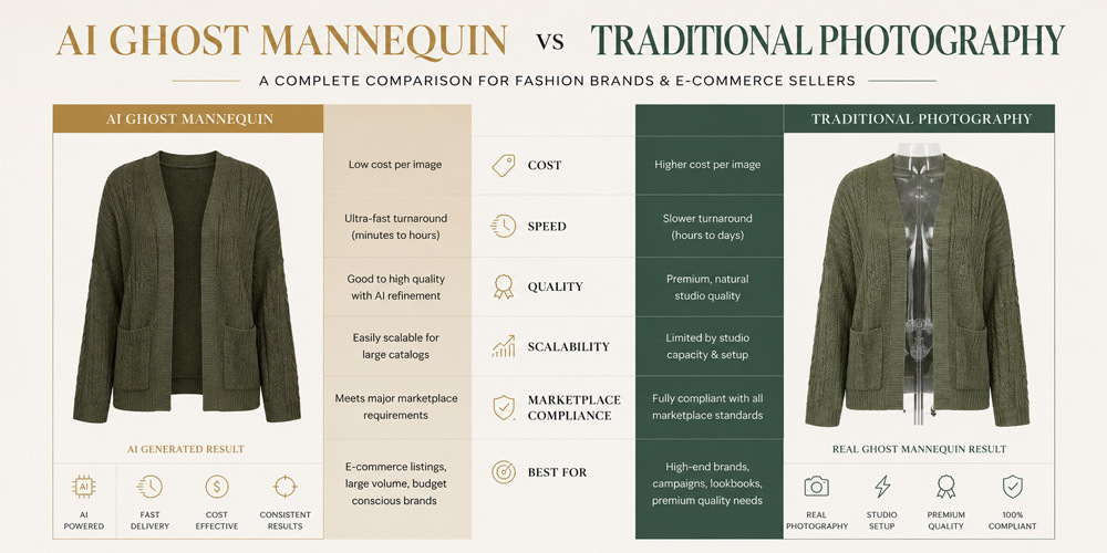 AI ghost mannequin vs traditional photography comparison infographic showing cost, speed, quality, marketplace compliance in editorial minimal layout with muted gold AI column and deep sage traditional column, Fraunces serif headers, warm off-white background, premium fashion magazine style