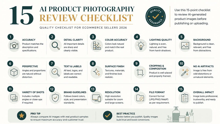 Clean modern vertical infographic showing 15-point AI product photography review checklist with numbered circular icons in muted teal and gold accents on off-white background editorial magazine style vector illustration