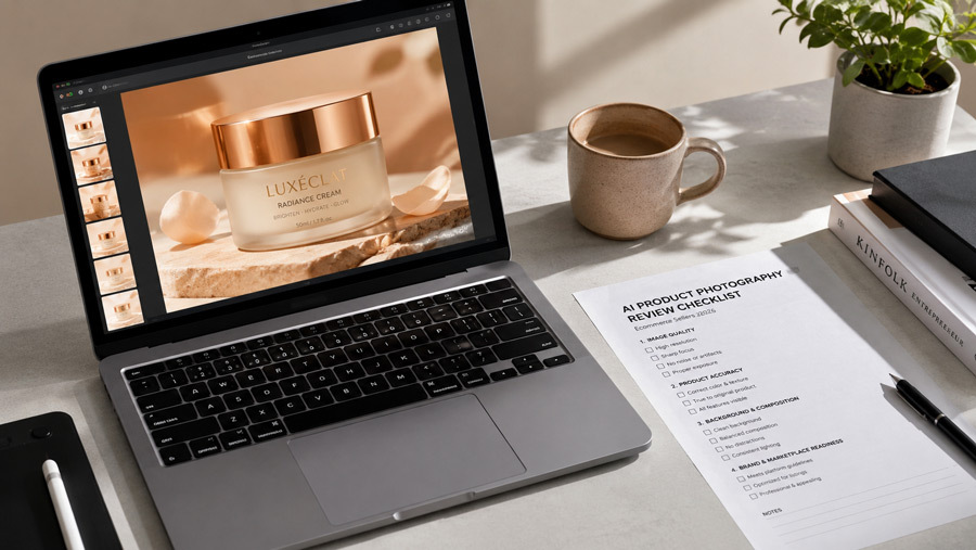 Premium editorial flat-lay showing a modern minimalist workspace with a sleek laptop displaying an AI-generated luxury skincare product photo, printed review checklist, stylus and coffee cup in soft natural light for ecommerce QC in Delhi 2026