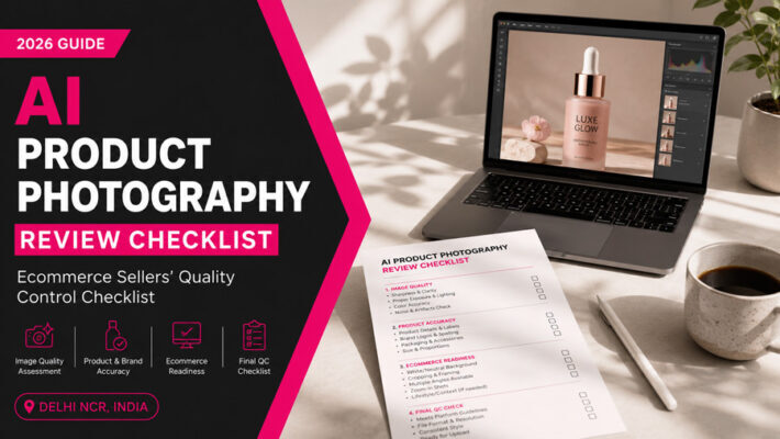 AI Product Photography Review Checklist featured image showing a premium minimalist workspace with a laptop displaying a luxury skincare product photo, printed quality control checklist, stylus and coffee cup in natural light for ecommerce sellers in Delhi.