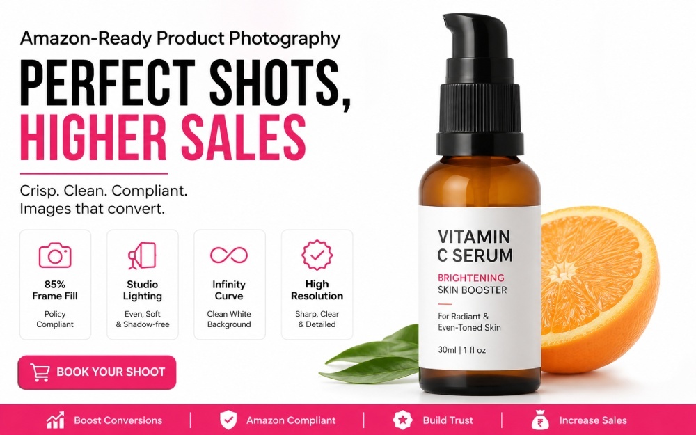 High-resolution white background Amazon product photo of skincare bottle shot on infinity curve with even softbox lighting and policy-compliant 85 percent frame fill