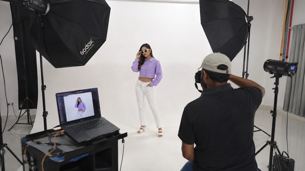 Fashion ecommerce photography of a model wearing apparel on clean background for Myntra catalogue listing shot in Mumbai studio