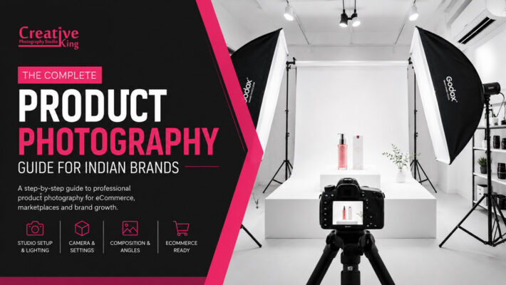 Editorial product photography studio setup with a DSLR camera on tripod, seamless white backdrop and dual softbox lighting beside a guide cover for professional product photography for Indian brands.