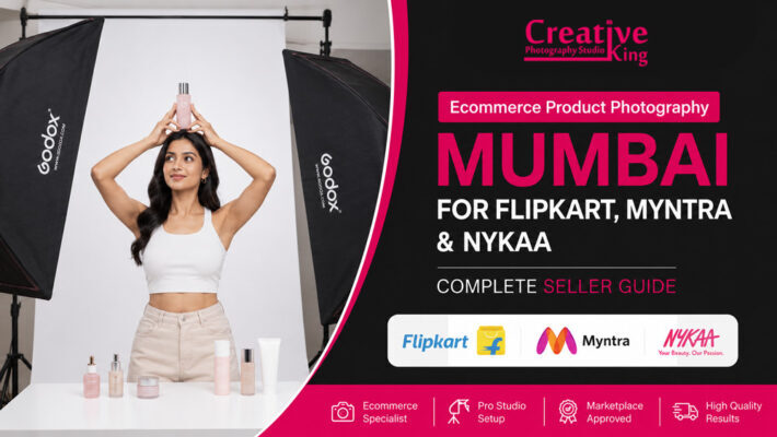 Indian ecommerce product photography studio with professional Godox softbox lighting and model holding a cosmetic product for Flipkart, Myntra and Nykaa marketplace listings in Mumbai.