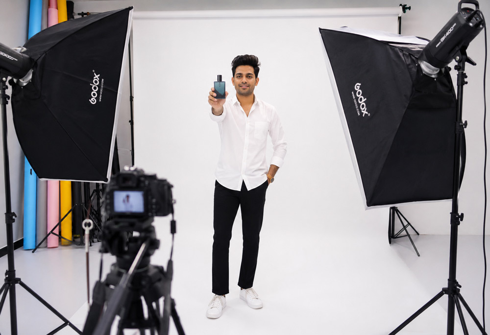 Professional ecommerce product photography Mumbai studio setup with white background and softbox lighting for Flipkart Myntra Nykaa listings
