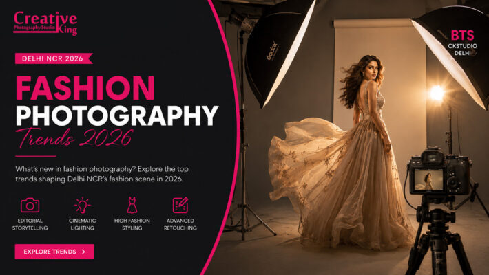 Split-screen fashion photography trends Delhi NCR 2026 banner featuring BTS studio editorial photoshoot of an Indian female model in a flowing designer gown with Sony A7R V camera, cinematic lighting, and luxury fashion studio setup by CKStudio.