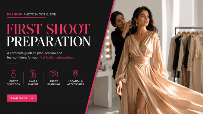 Fashion photoshoot guide first shoot preparation featuring an elegant Indian female model in a beige silk dress at a Delhi photography studio with professional styling, makeup artist, and editorial fashion setup.