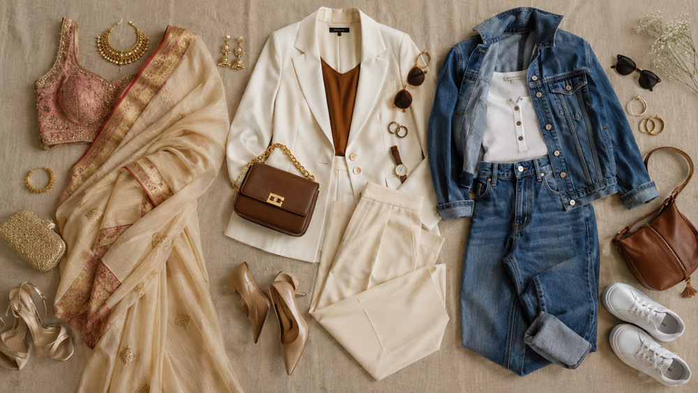 Fashion photoshoot outfit selection flat-lay showing curated wardrobe with three complete looks laid on beige linen surface, ethnic saree, western blazer set, casual denim look, styled with jewellery, heels, sunglasses and leather handbag, natural soft daylight, editorial styling, warm neutral tones, overhead composition
