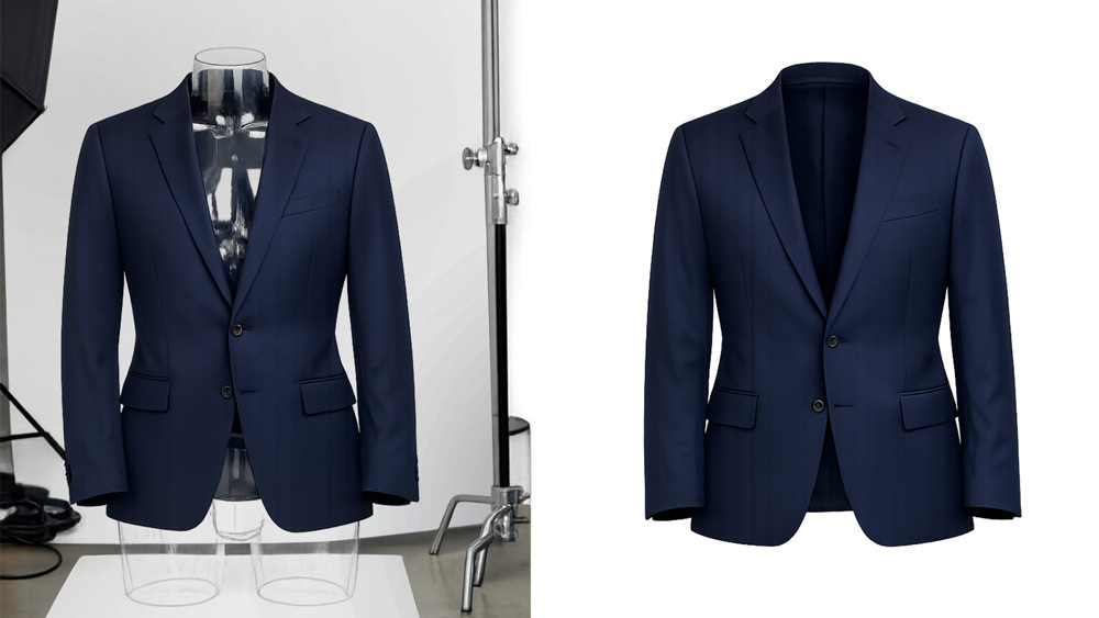 Ghost mannequin editing before and after comparison of a navy blazer showing invisible mannequin Photoshop workflow by Ckstudio