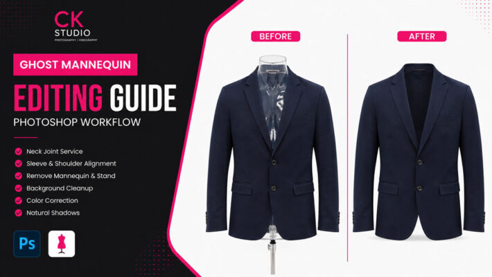 Ghost mannequin editing before and after comparison of a navy blazer on a transparent invisible mannequin showing the Photoshop workflow for creating a clean hollow man effect.