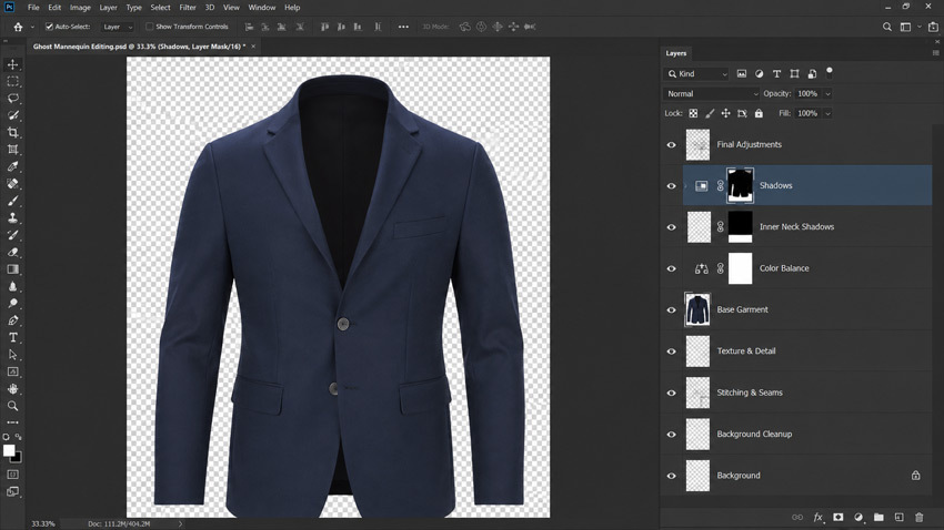 Photoshop layers panel screenshot showing organized layer stack for ghost mannequin editing including base garment inner neck shadows and adjustment layers