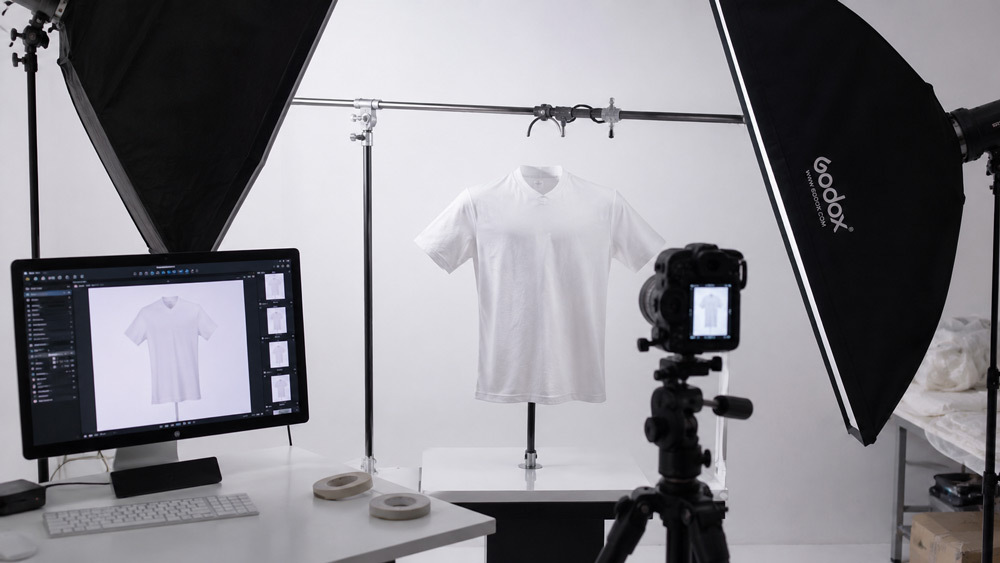 Ghost mannequin photography for ecommerce showing white t-shirt on Amazon Myntra Flipkart listing preview pure white studio background hollow man effect