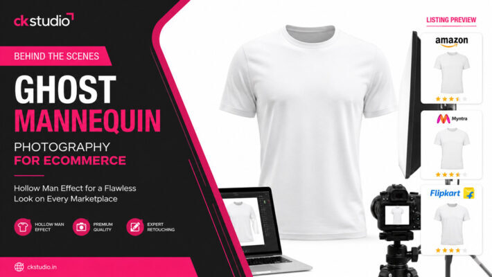 Behind the scenes of ghost mannequin photography for ecommerce showing a regular fit white cotton T-shirt with hollow man effect, professional studio setup, camera, laptop, and Amazon, Myntra, Flipkart listing previews.