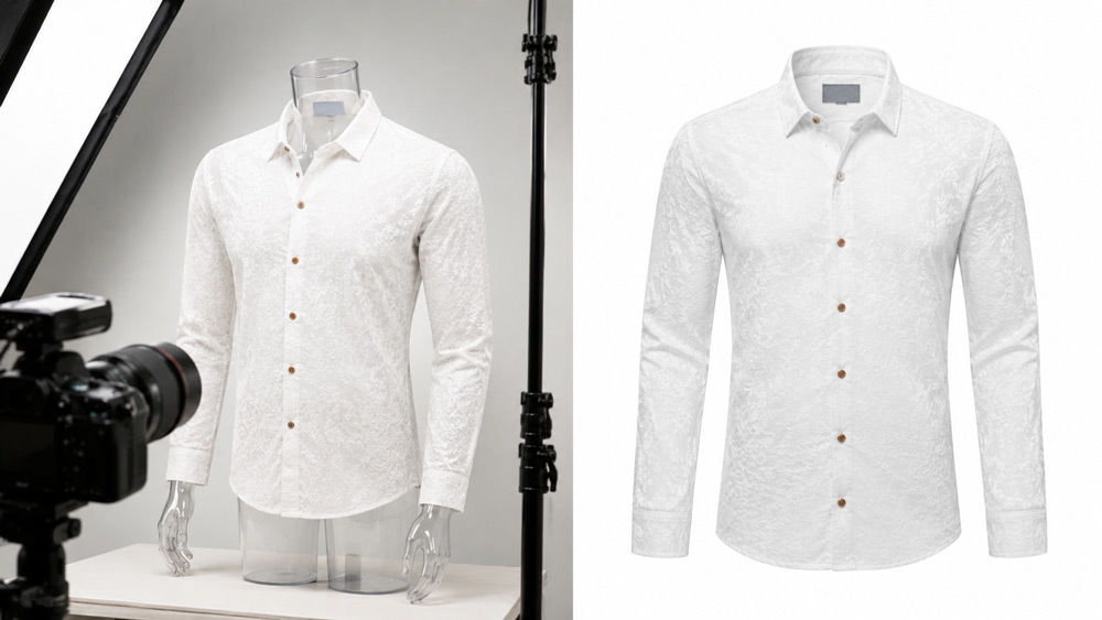 Ghost mannequin photography example clean white background premium linen shirt invisible mannequin effect revealing collar and inside neckline ultra sharp detail ecommerce studio lighting professional retouching marketplace ready Ckstudio