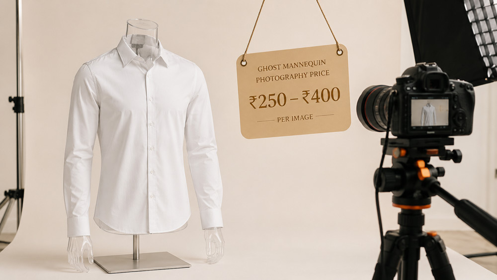 Ghost mannequin photography price in Delhi NCR 2026 - crisp white shirt displayed with invisible mannequin 3D effect against ivory backdrop with muted gold price tag showing ₹150-₹800 pricing range for Ckstudio editorial catalogue