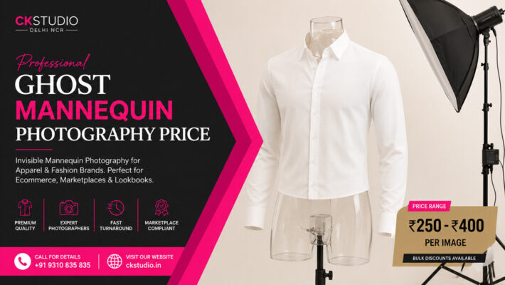 Ghost mannequin photography price infographic showing a transparent polycarbonate invisible mannequin displaying a crisp white shirt in a professional studio with pricing from ₹250–₹400 per image.
