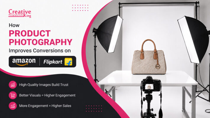 Professional product photography studio setup with softbox lighting and white background for Amazon and Flipkart product listings in an Indian studio.