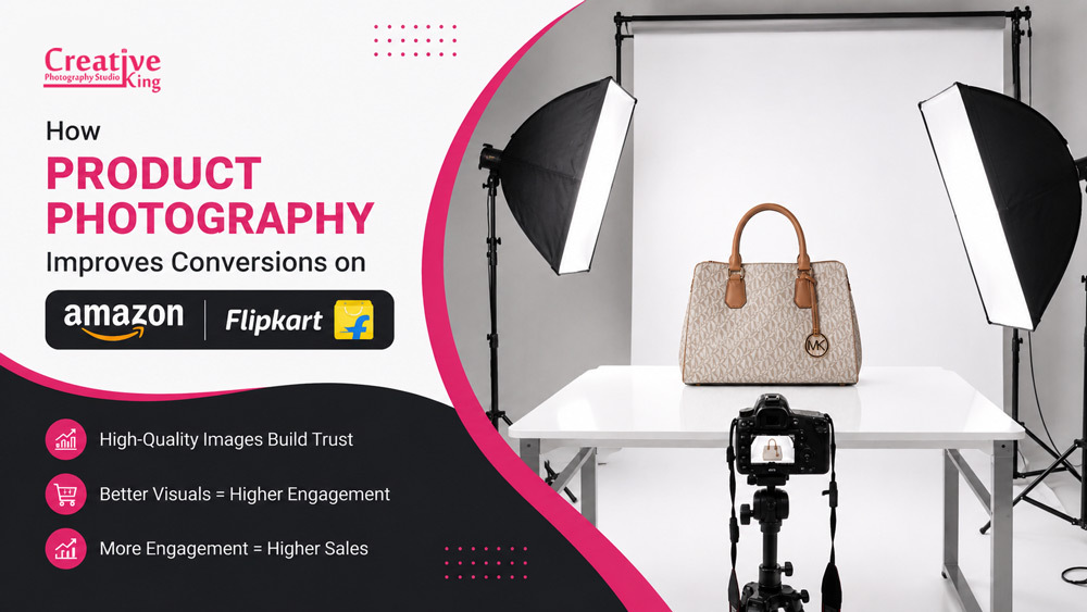Professional white background product photography setup with soft studio lighting improving Amazon and Flipkart conversions in a Delhi studio