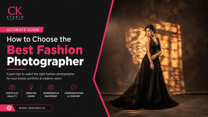 WordPress featured split infographic showing how to choose the best fashion photographer with editorial fashion model in a professional studio and premium guide layout.