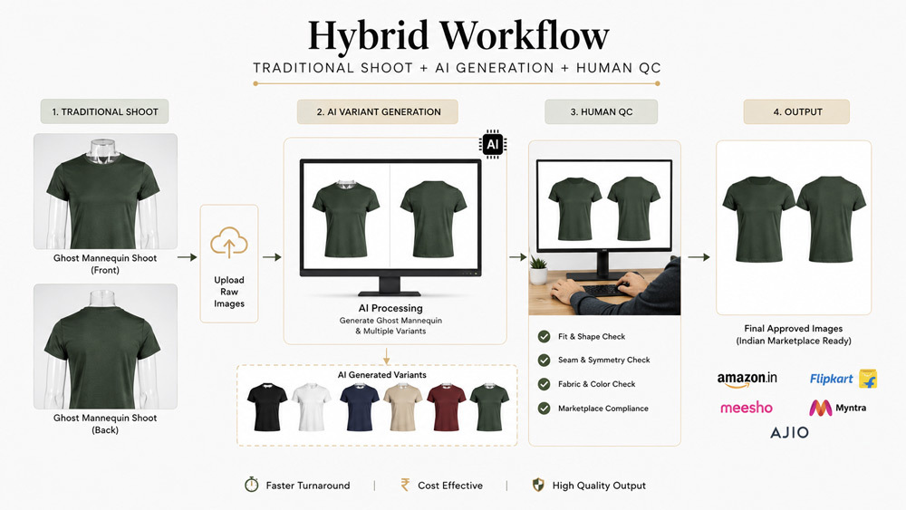 Ckstudio hybrid photography workflow diagram combining traditional ghost mannequin studio shoot and AI variant generation with human QC layer for Delhi NCR ecommerce catalog production, editorial minimal flowchart layout