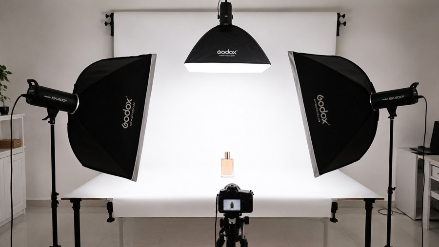 Editorial product photography studio setup with softbox lighting and a clean white background for ecommerce listings