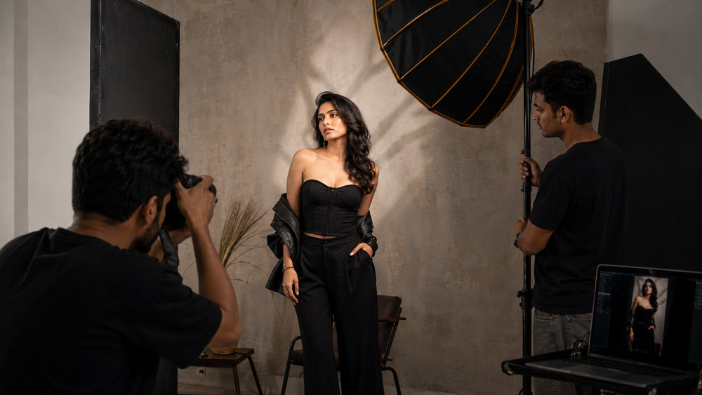 Professional model photography shoot at Ckstudio Delhi NCR with cinematic beauty dish lighting and editorial fashion styling on Indian female model