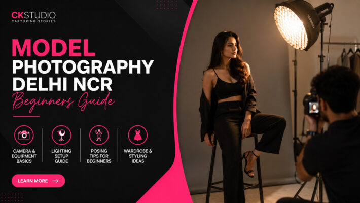 Behind the scenes of a professional model photography photoshoot at CKStudio in Delhi NCR featuring an Indian female model with cinematic beauty dish lighting and editorial fashion styling.