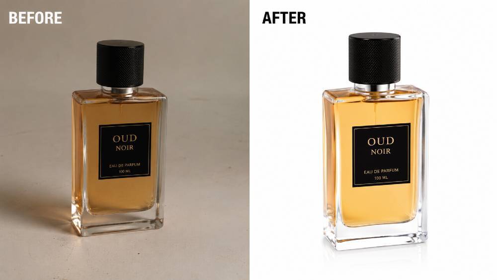 Product photo editing before and after comparison showing a raw unedited product shot being retouched into a polished image with a clean white background for an ecommerce listing