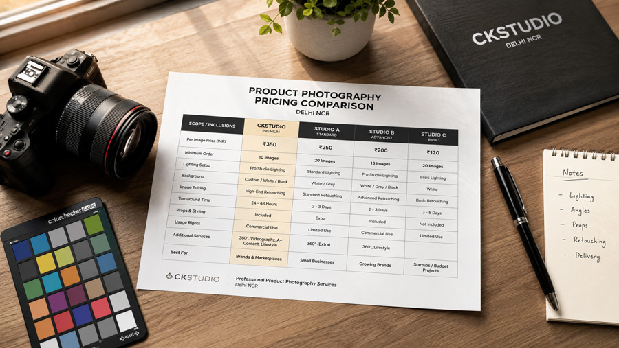 Product photography pricing comparison sheet for studios in Delhi NCR laid out on a photographer's desk with camera and colour checker card under soft window light