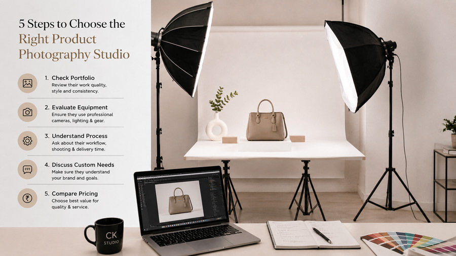 Clean minimal infographic style studio scene showing five steps to choose a product photography studio, muted premium palette with soft shadows and generous white space